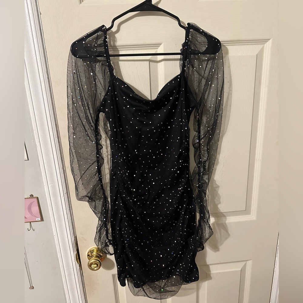 SHEIN Sparkly Black Bodycon Dress w/Sheer Sparkly Sleeves